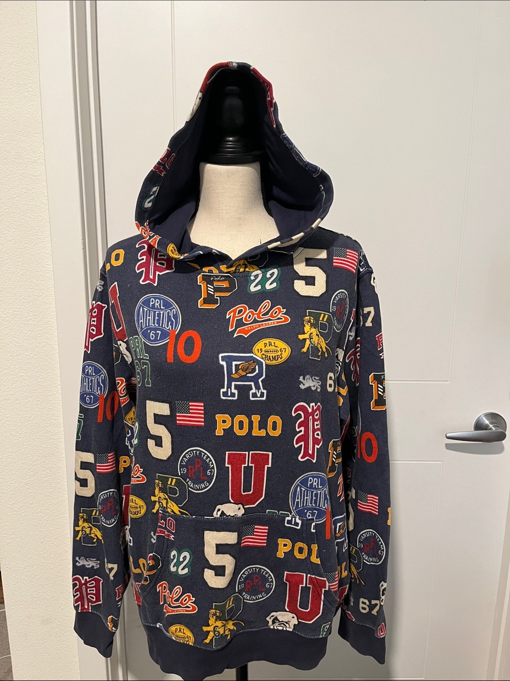 Polo by Ralph Lauren Navy Multi-Patch Logo Hoodie Pocket Pullover Sweatshirt